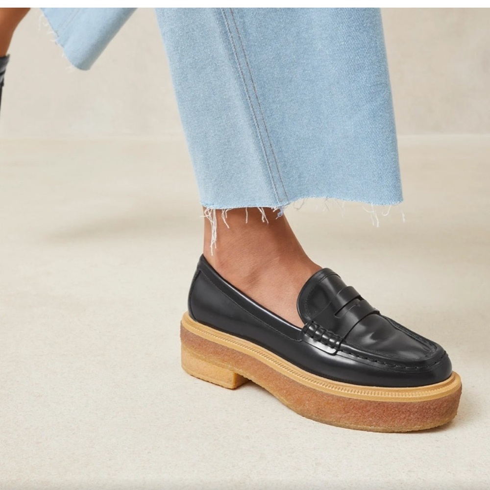 Loeffler Randall Sleek Black Loafers with Tan Platform Sole